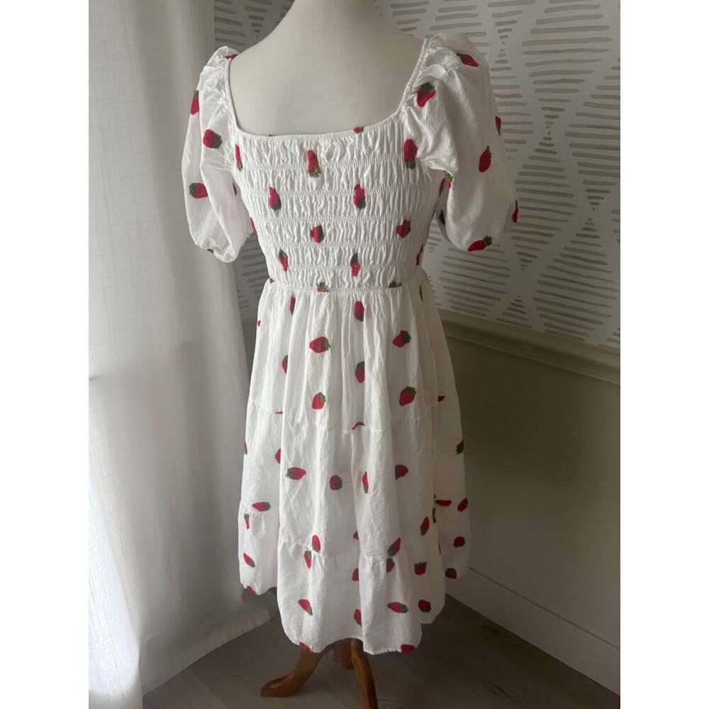 Kindred Small White Embroidered Strawberrry Cottagecore Milkmaid Midi Dress - Picture 5 of 5